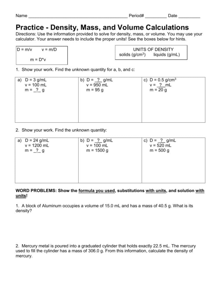 Density Calculations Worksheet I