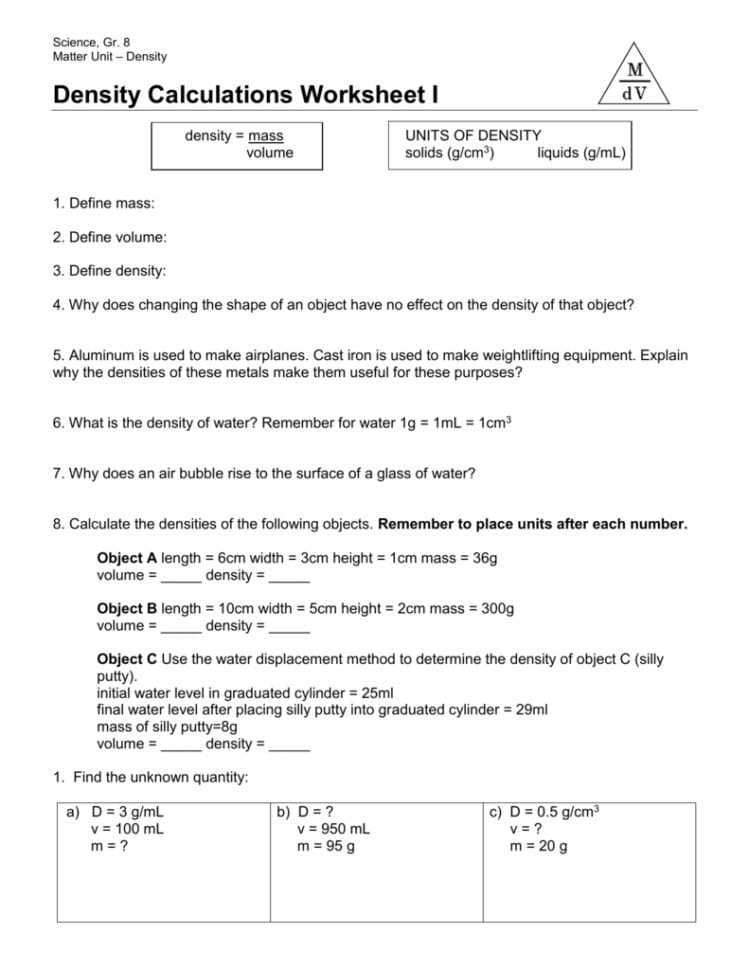 Density Calculations Worksheet I