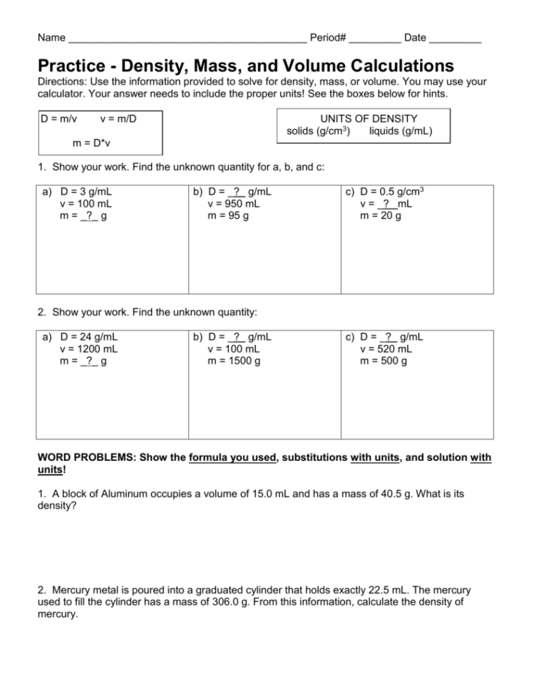 Density Worksheet Answer Key