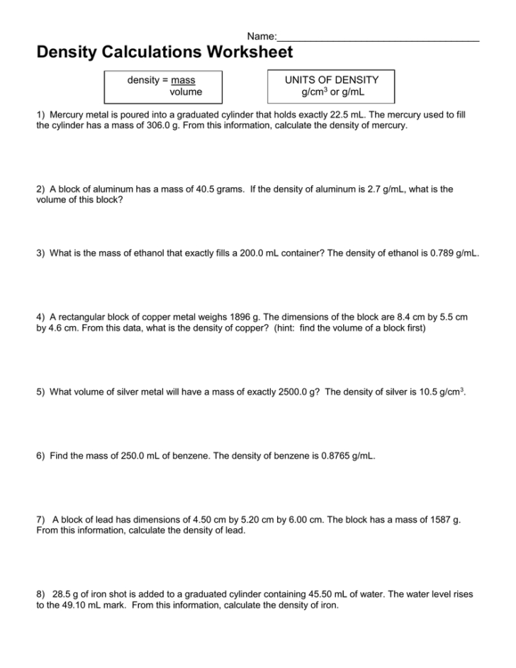 Density Calculations Worksheet Answer Key