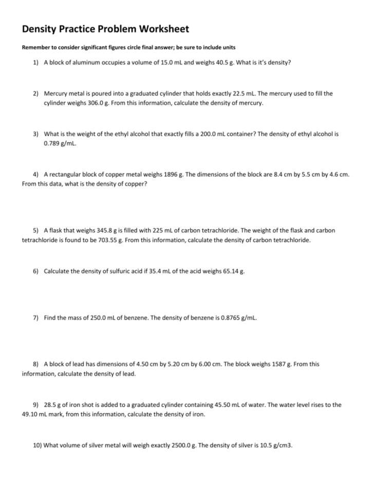 Density Calculations Worksheet Answer Key