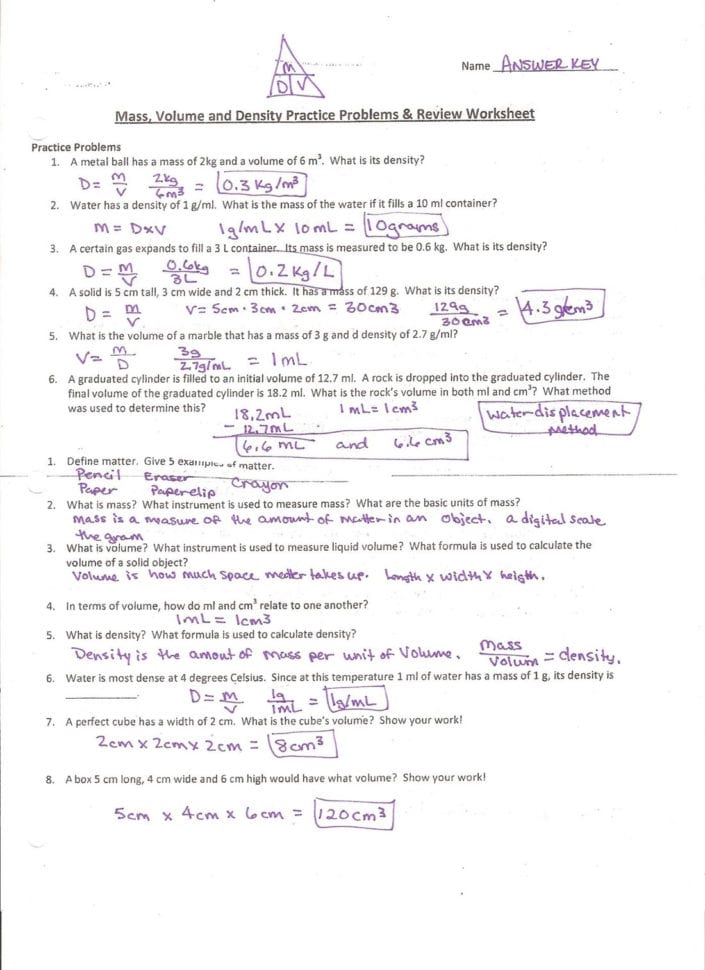 Density Practice Problems Key Density Practice Problems