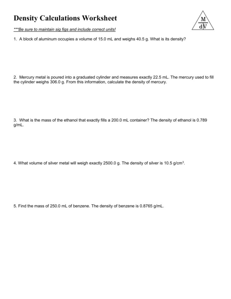 Density Worksheet