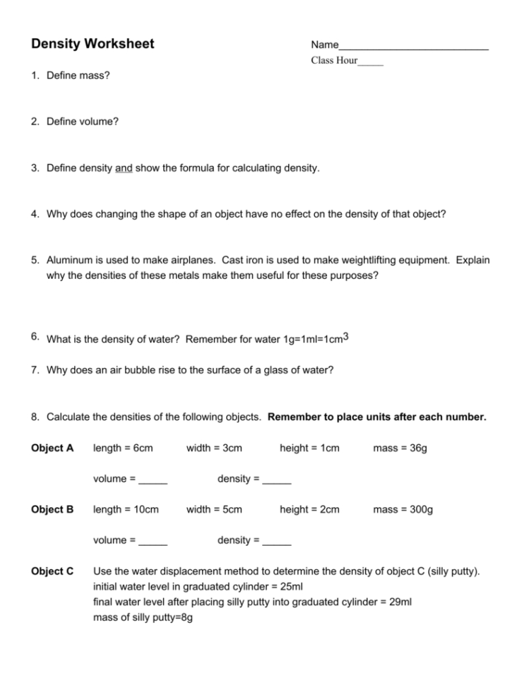 Density Worksheet