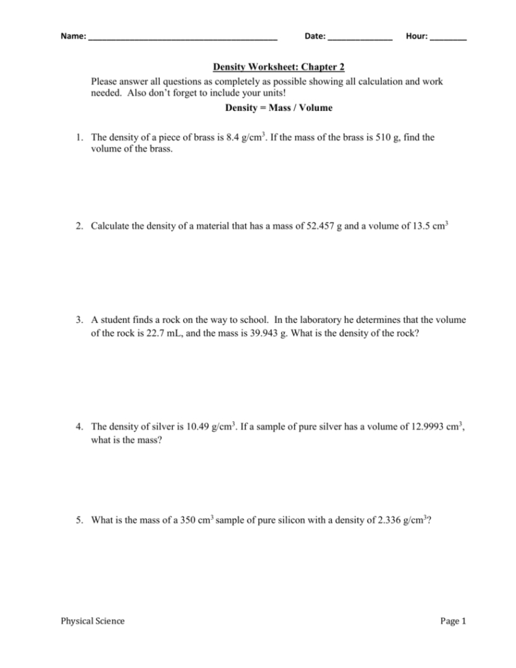 Density Worksheet