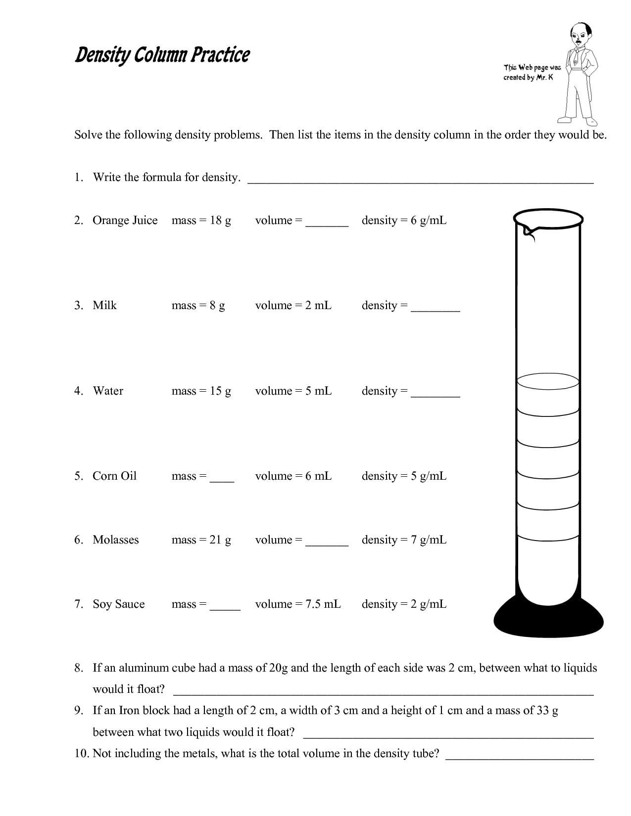 Science Density Calculations Worksheet