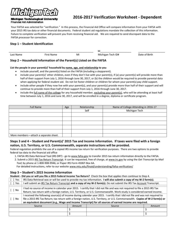 Fafsa Verification Worksheet