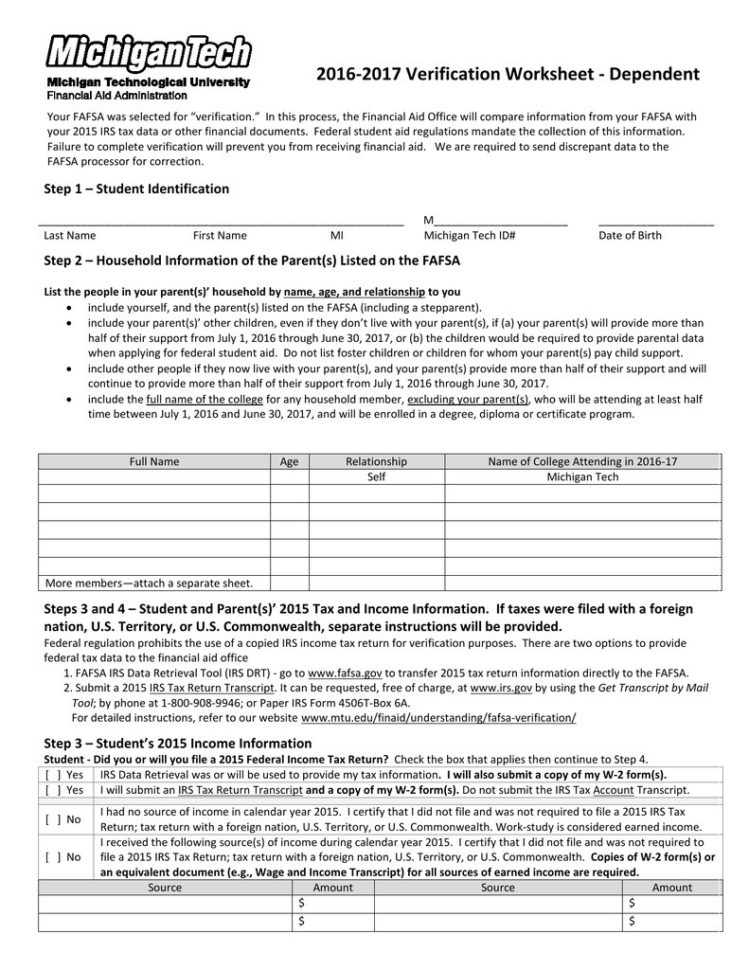Dependent Verification Worksheet Fafsa Dependent Verification