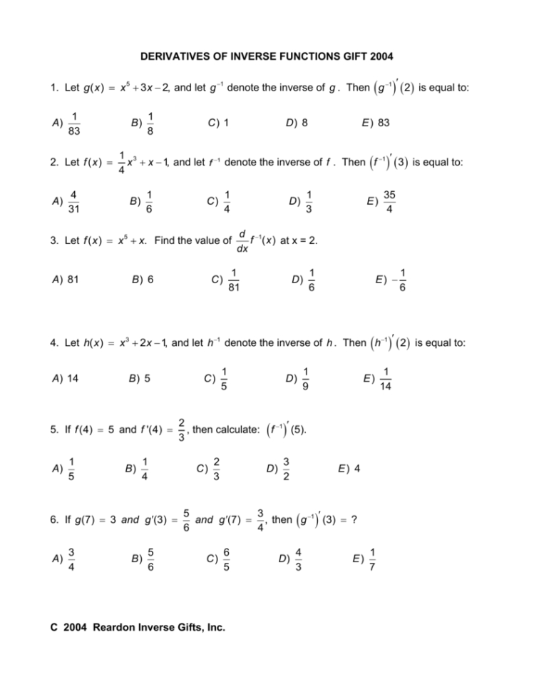 Derivatives Of Inverse Functions Gift 2004
