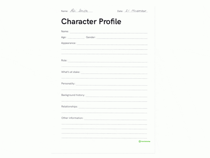 Detailed Character Profile Worksheet Teaching Resource —