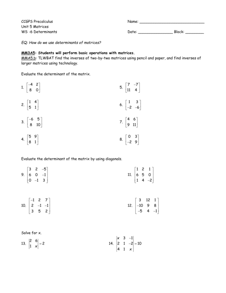Determinants Worksheet