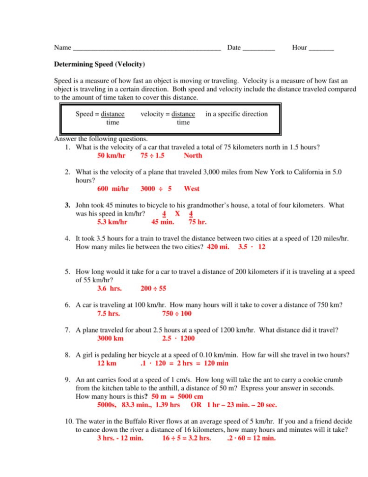Determining Speed Velocity Worksheet Answers