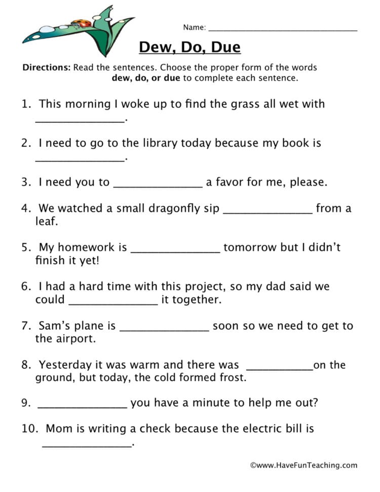Dew Do Due Homophones Worksheet  Have Fun Teaching
