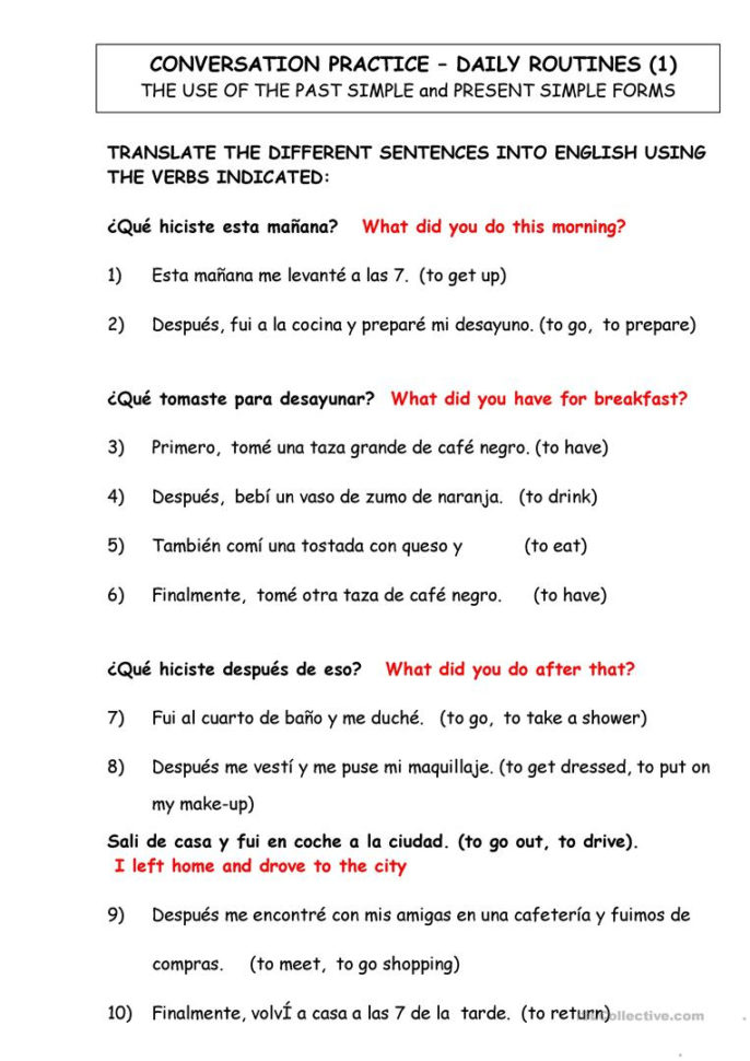 Dialy Routines Translate From Spanish To English  English Esl