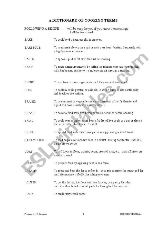 Dictionary Of Cooking Terms  Esl Worksheetproctor2