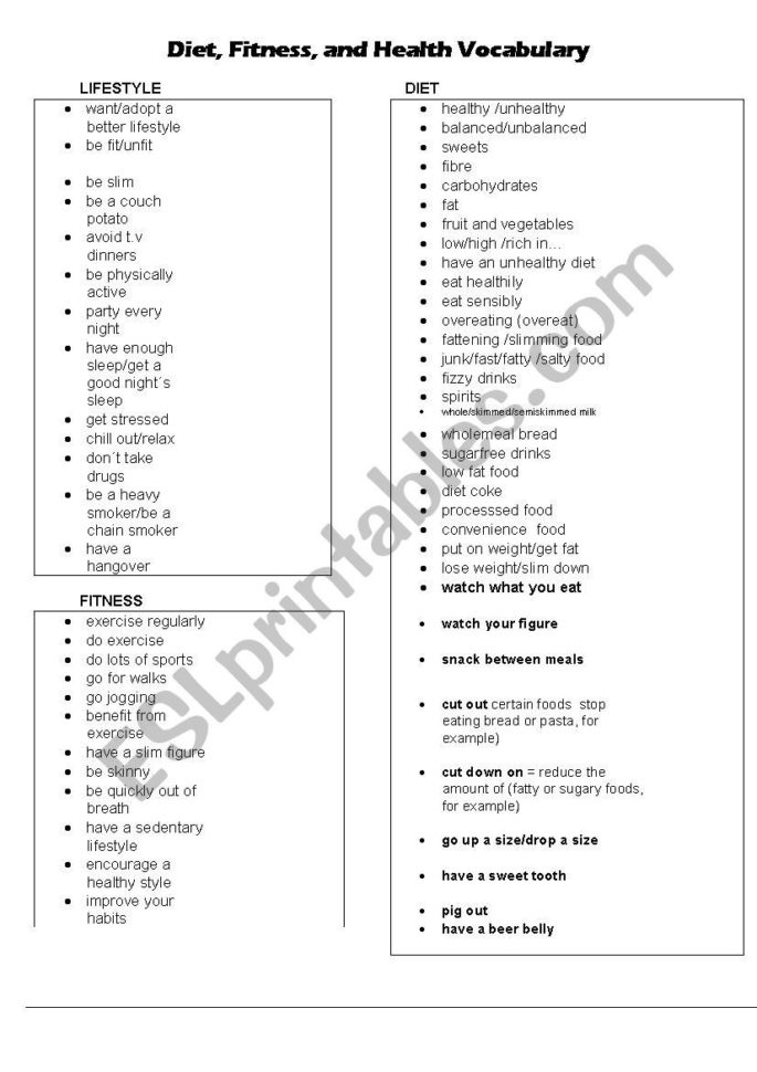 Diet Fitness And Health Vocabulary  Esl Worksheet