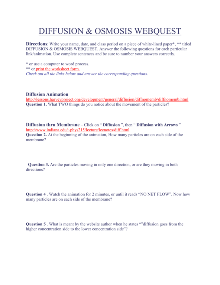 Diffusion And Osmosis Worksheet Answers