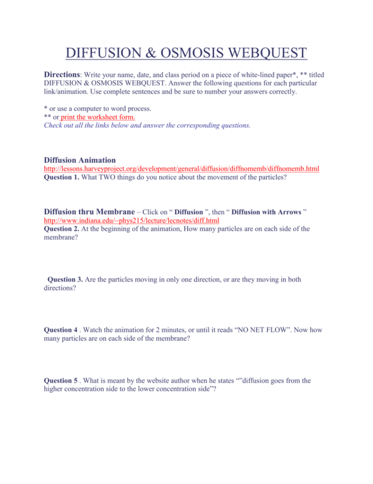 Diffusion  Osmosis Webquest