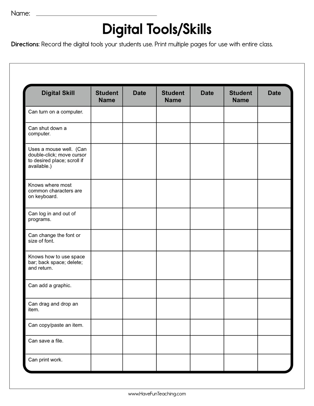 Digital Tools Skills Assessment Worksheet  Have Fun Teaching