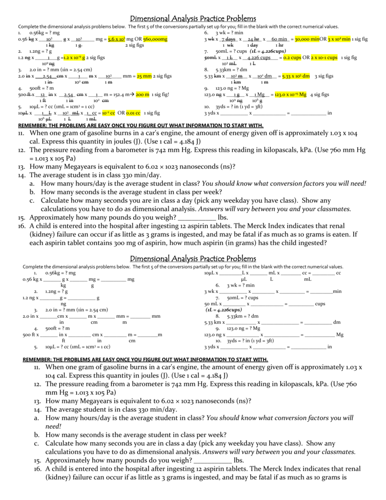 Dimensional Analysis Worksheet Answers Db excel