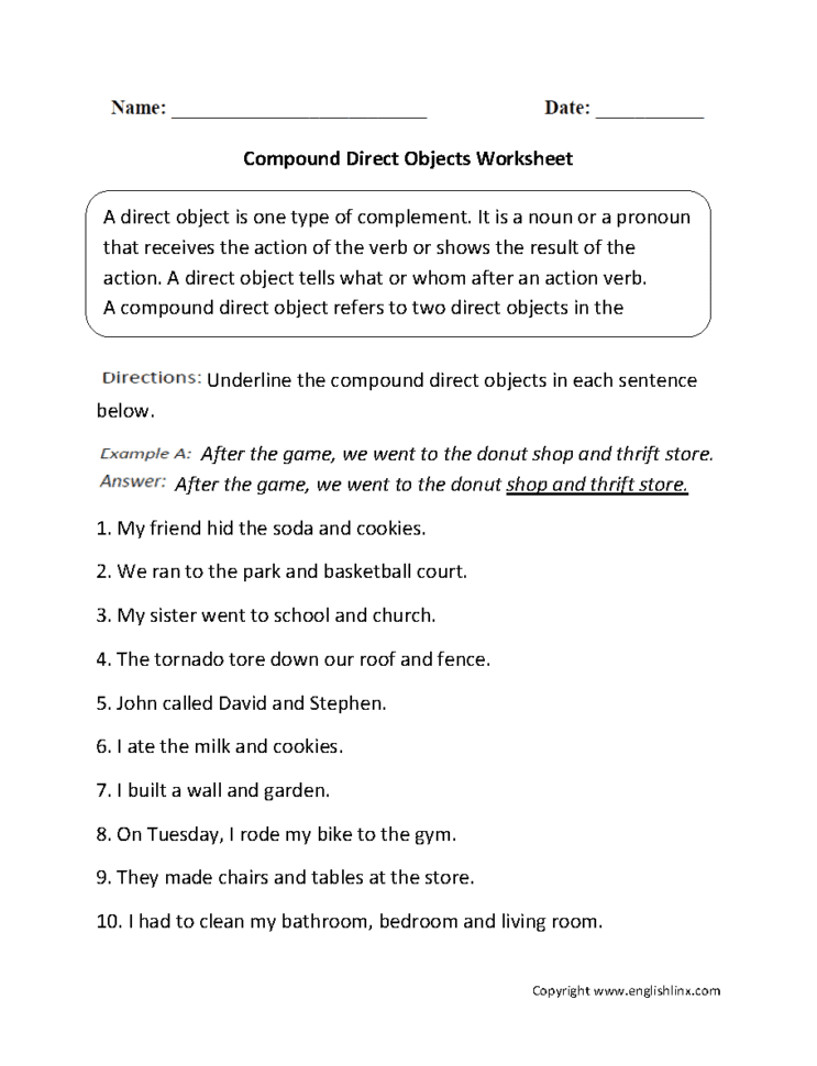Direct And Indirect Object Worksheets  Compound Direct
