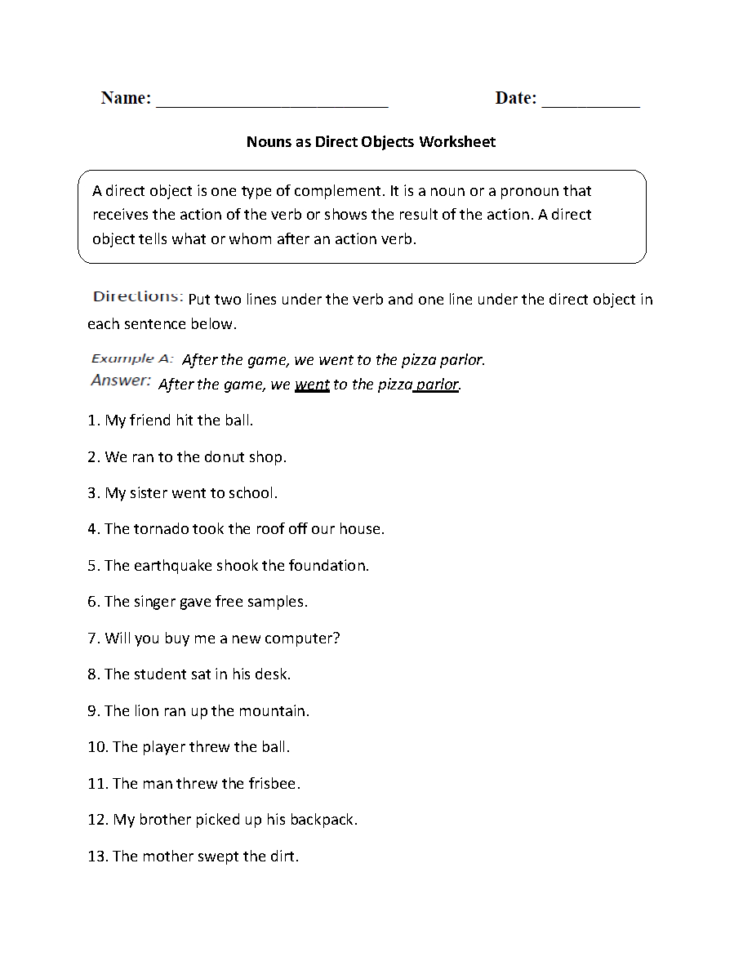 Subject Verb And Direct Object Worksheets