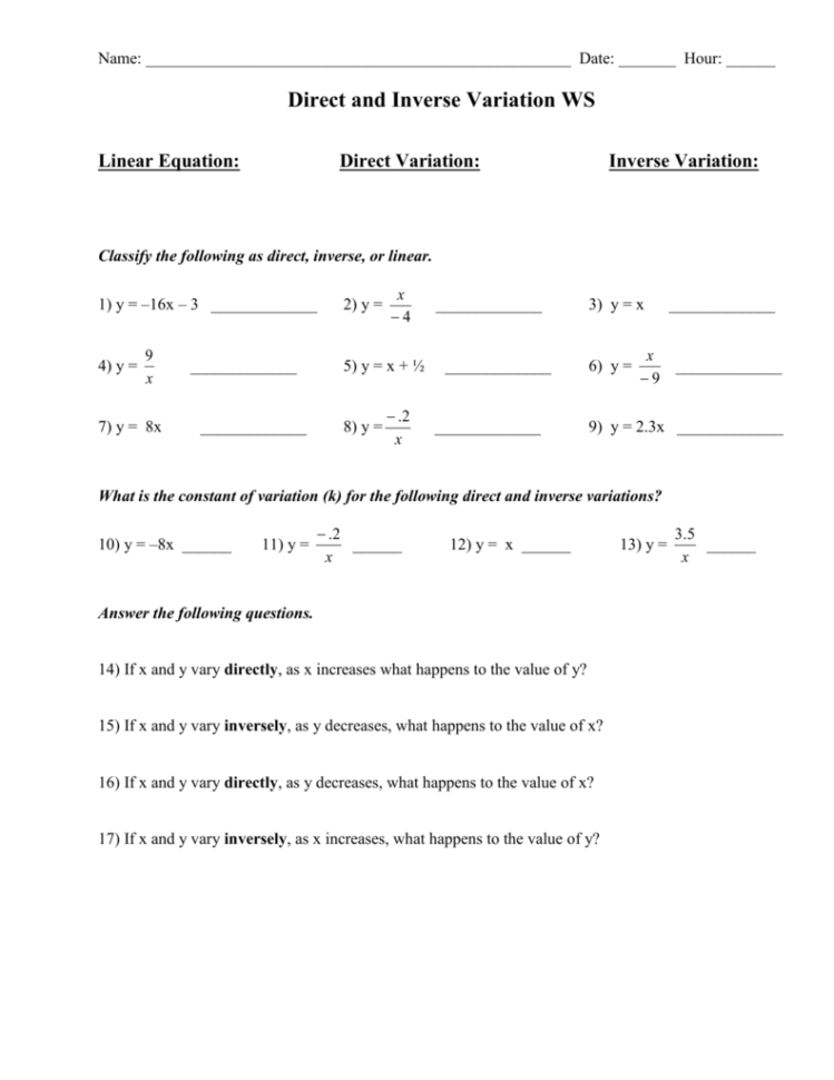 Direct And Inverse Variation Mixed Review