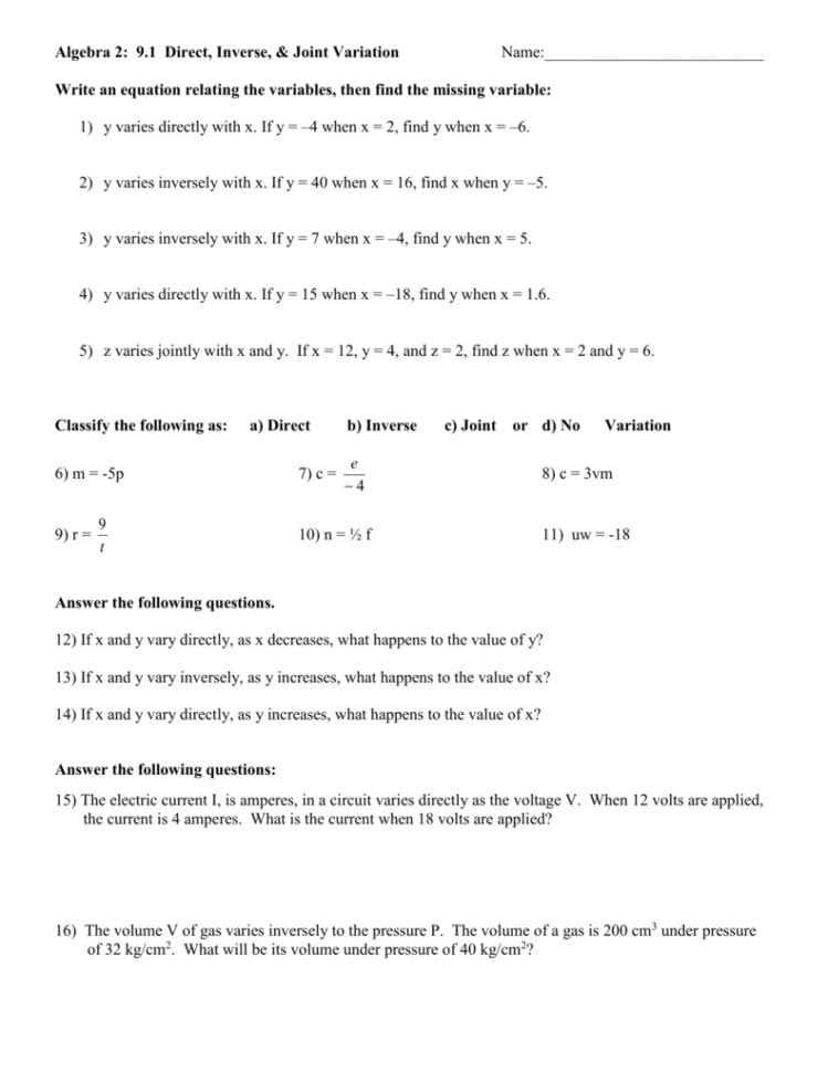 Direct Variation Worksheet With Answers Db excel