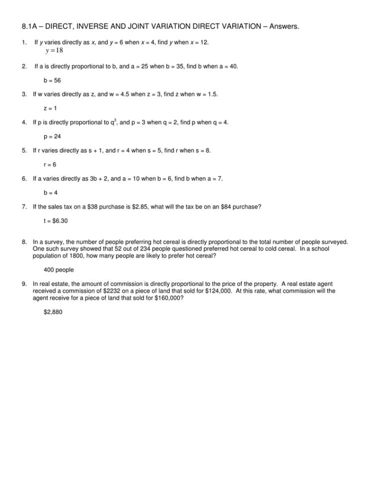 Direct And Inverse Variation Worksheet Answers  Netvs