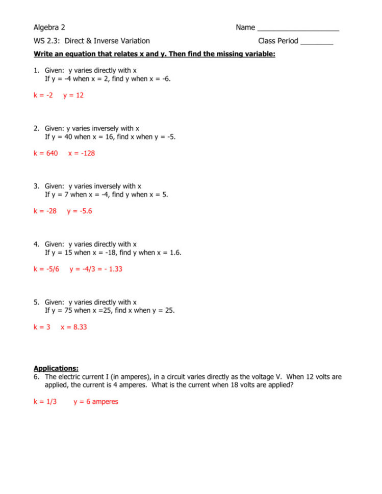 Direct And Inverse Variation Word Problems Worksheet With Answers — db