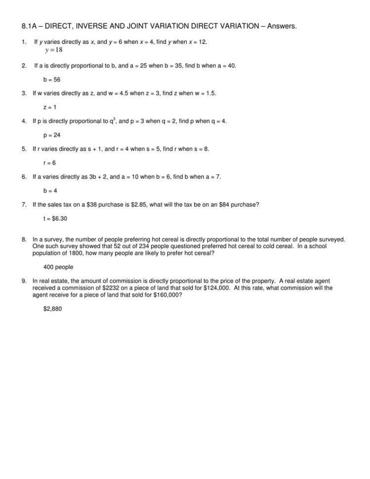 Direct And Inverse Variation Worksheet With Answers