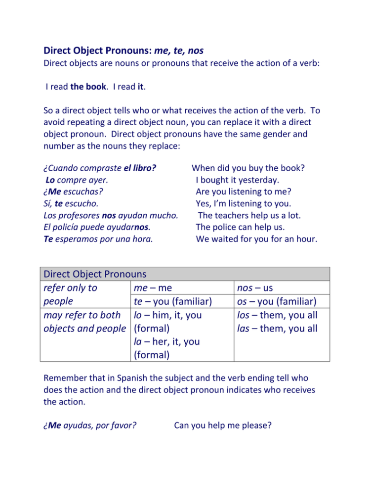 Direct Object Pronouns Me Te Nos