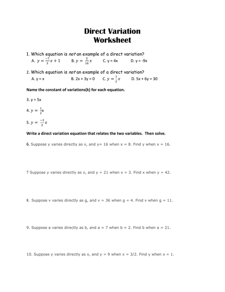 Direct Variation Worksheet