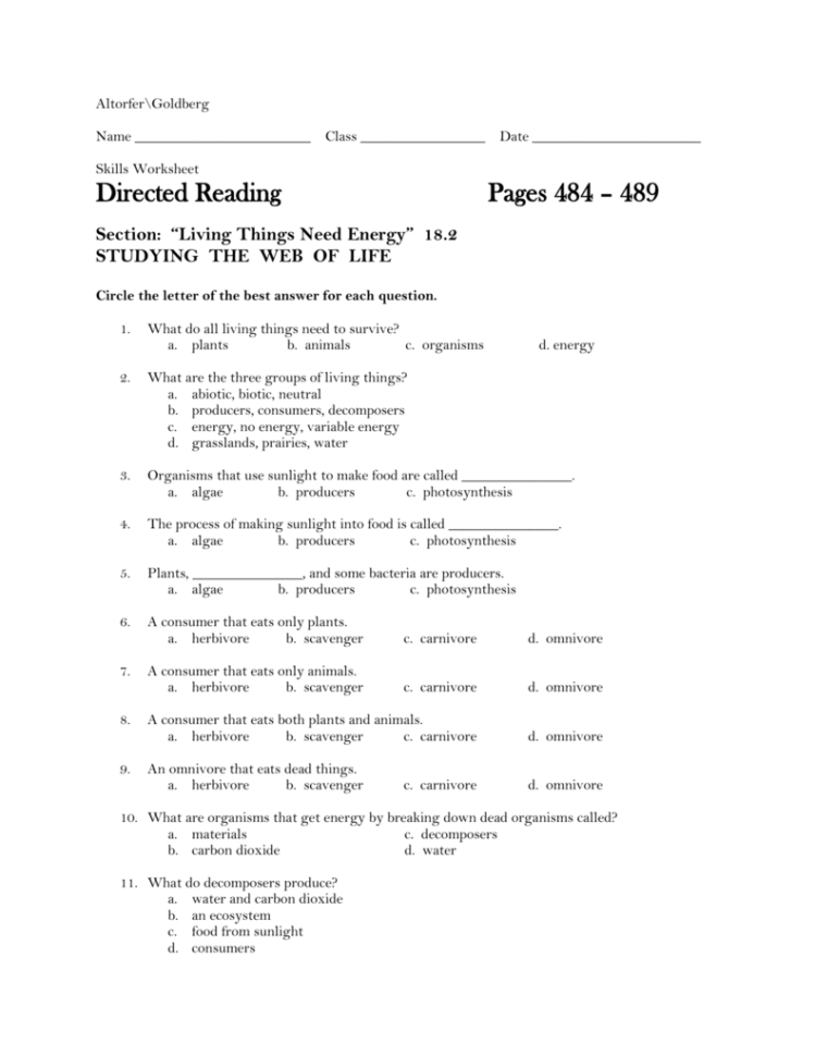 Directed Reading 182 Worksheet