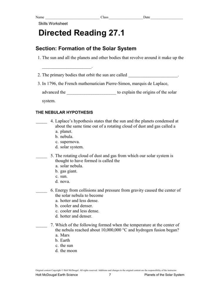 Directed Reading 271 Section Formation Of The Solar System