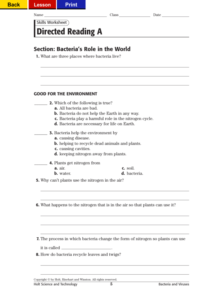 Skills Worksheet Directed Reading