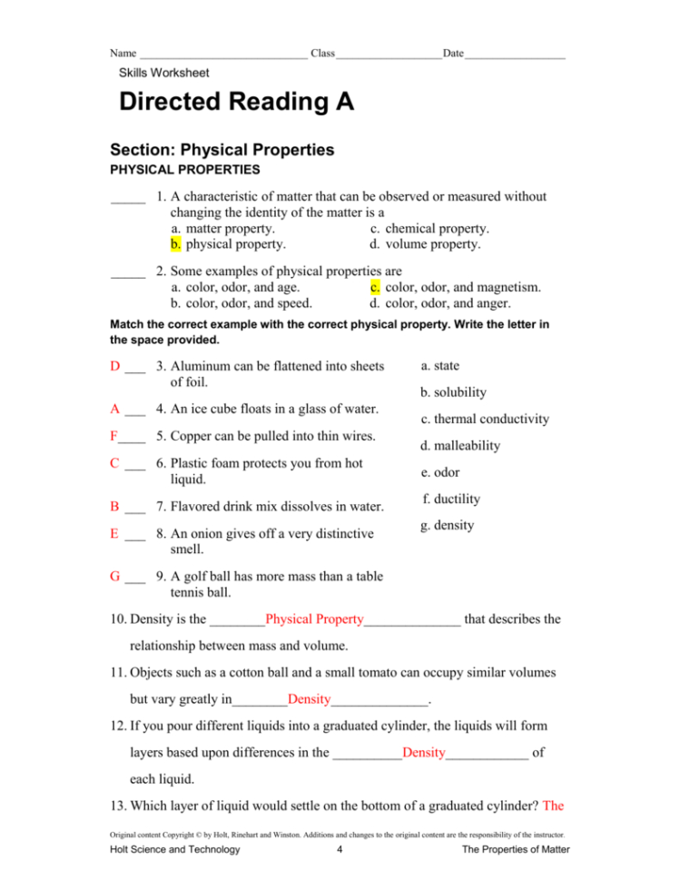 Directed Reading Worksheets Physical Science Answers