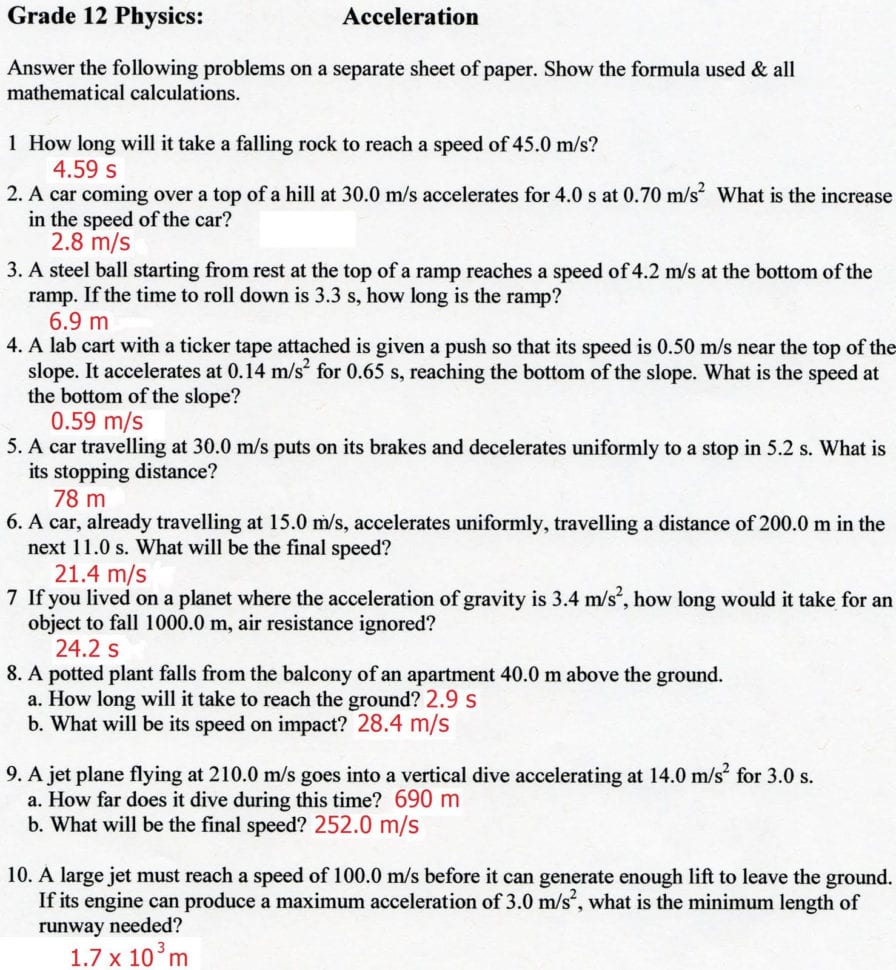 Displacement Velocity And Acceleration Worksheets Answer Key