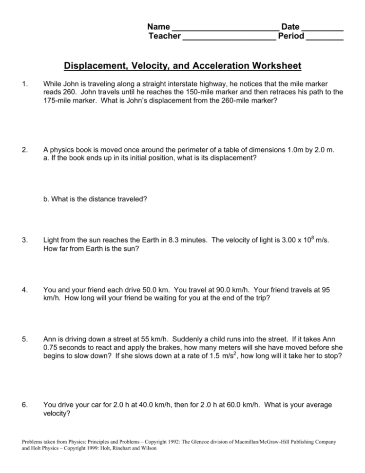 Displacementvelocity And Acceleration Worksheet