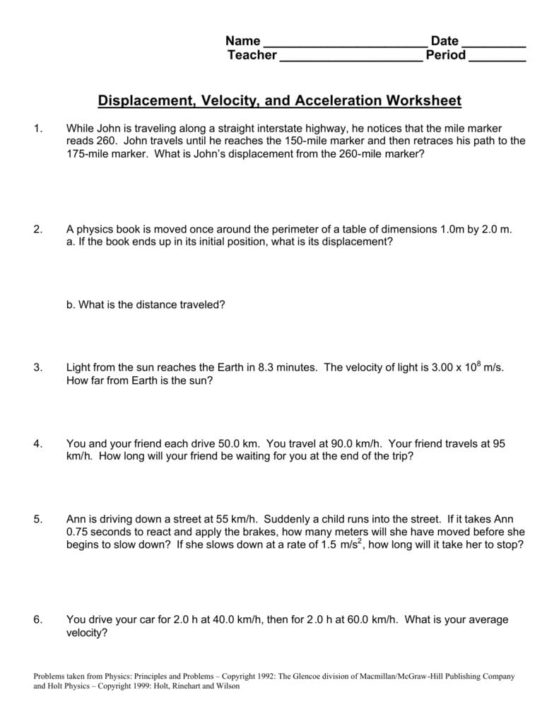 Displacementvelocity And Acceleration Worksheet