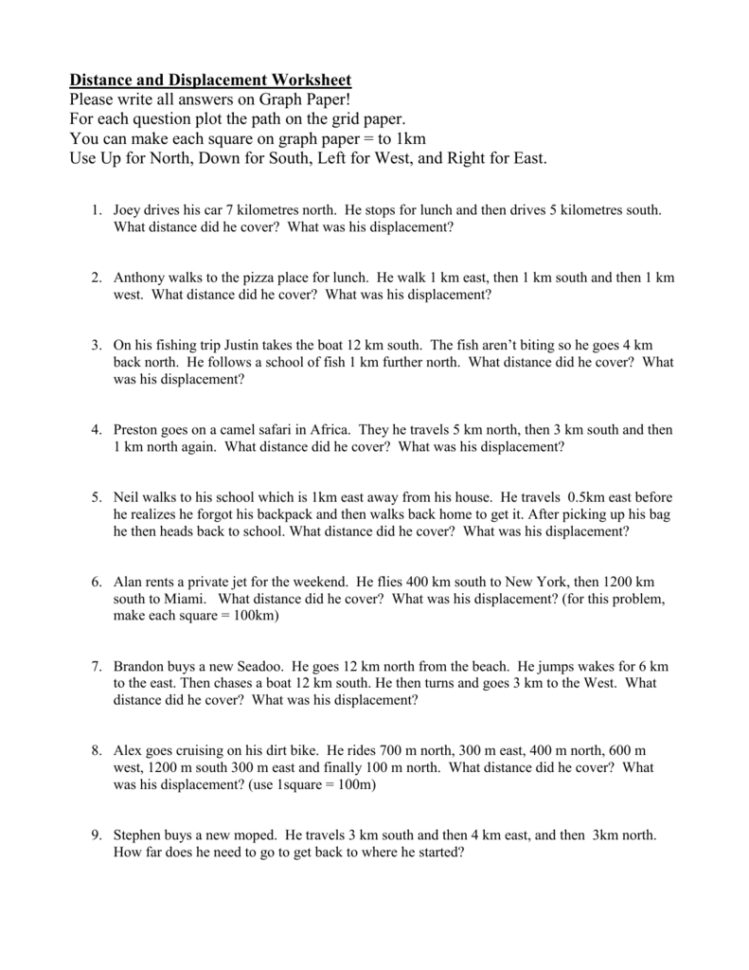 Distance And Displacement Worksheet  Mrhubeny