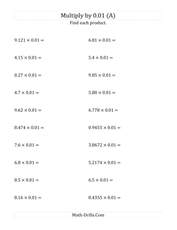 Dividing Decimals10 100 And 1000 Worksheet Math