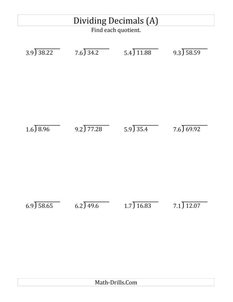 Dividing Decimals2Digit Tenths A