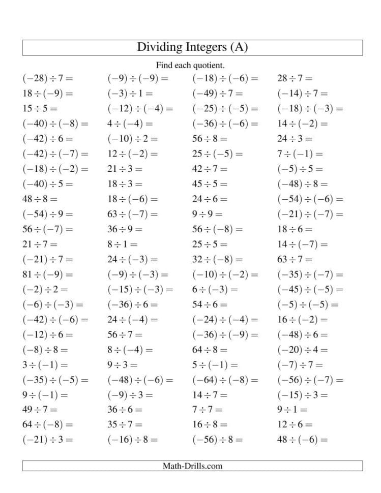 Dividing Integers  Mixture Range 9 To 9 A