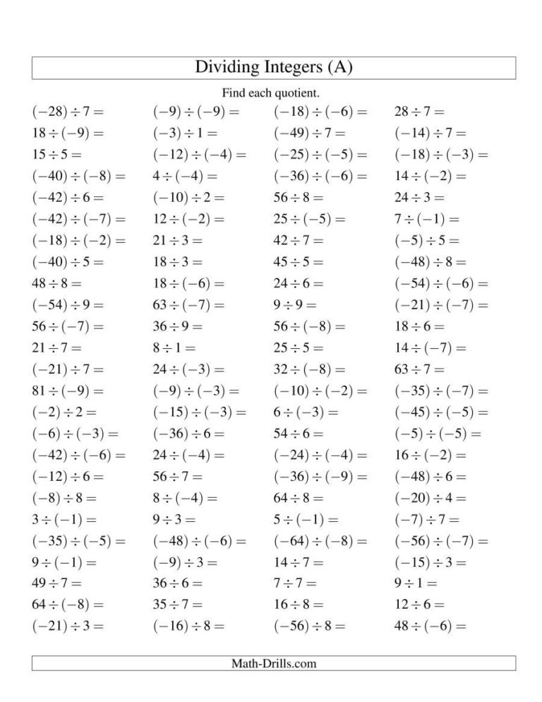 Worksheet On Multiplication Of Integers Class 7