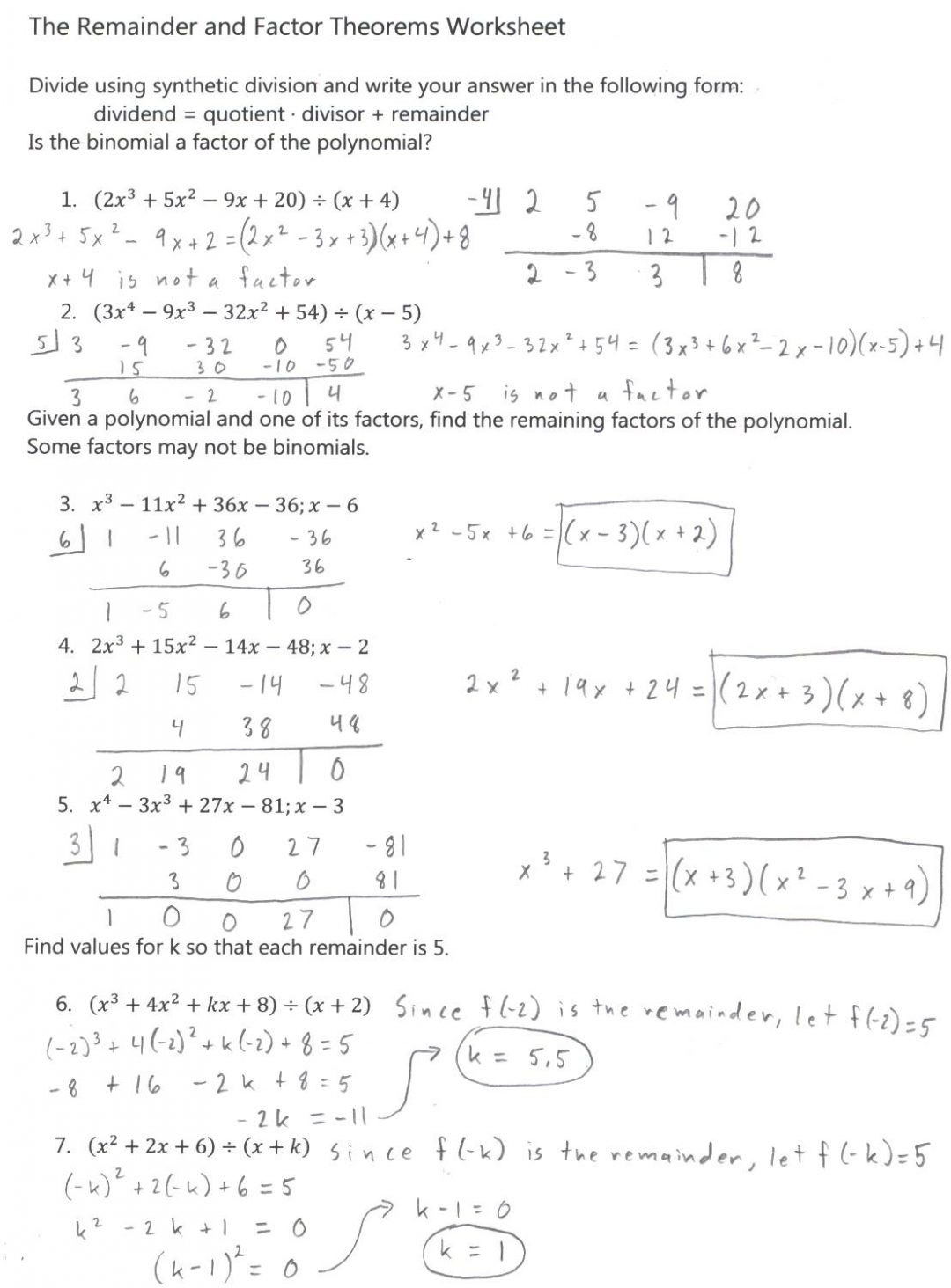 synthetic division worksheet with answers pdf db excelcom