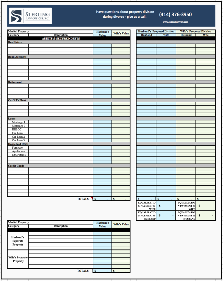Divorce Spreadsheet Or Wisconsin Property Division Worksheet