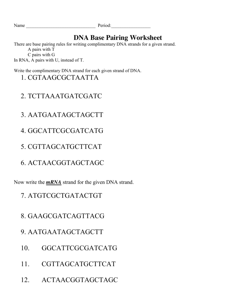 Dna Base Pairing Worksheet 1 Cgtaataatta 2