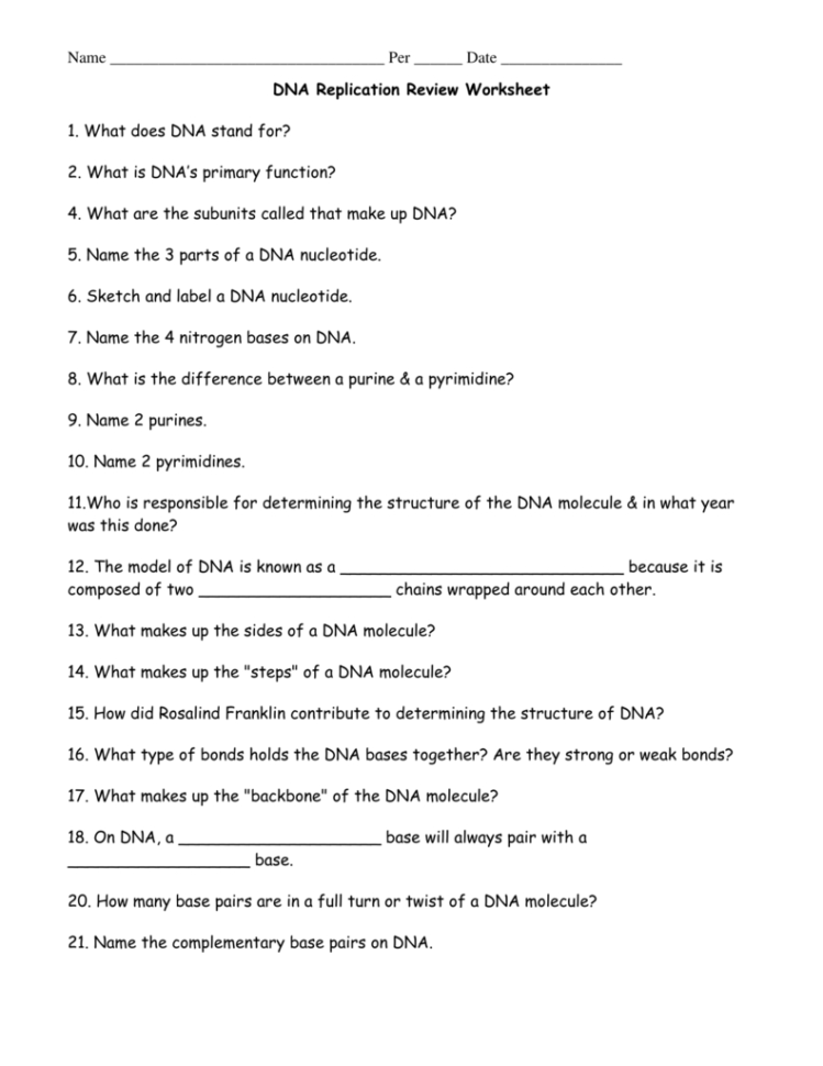 Dna Replication Review Worksheet
