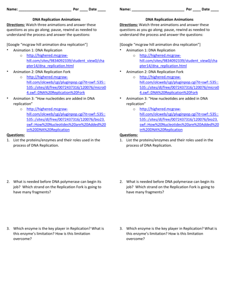 Dna Replication Worksheet – Tch The Animations And Answer